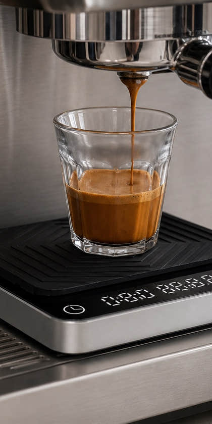Rendement expresso mesuré dans un verre transparent sur une échelle de café compacte et un tampon en silicone