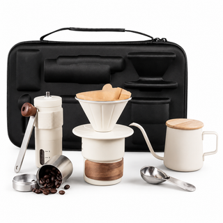 Yozcoffee white 6-piece portable pour-over coffee set with grinder kettle dripper cup canister scoop and carry case