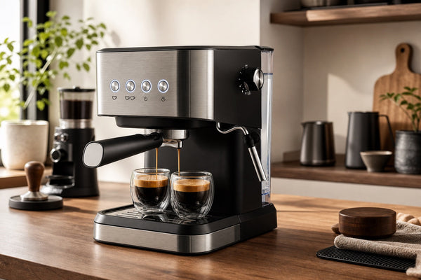 Black stainless steel 20 bar espresso machine pulling two espresso shots on a home coffee bar