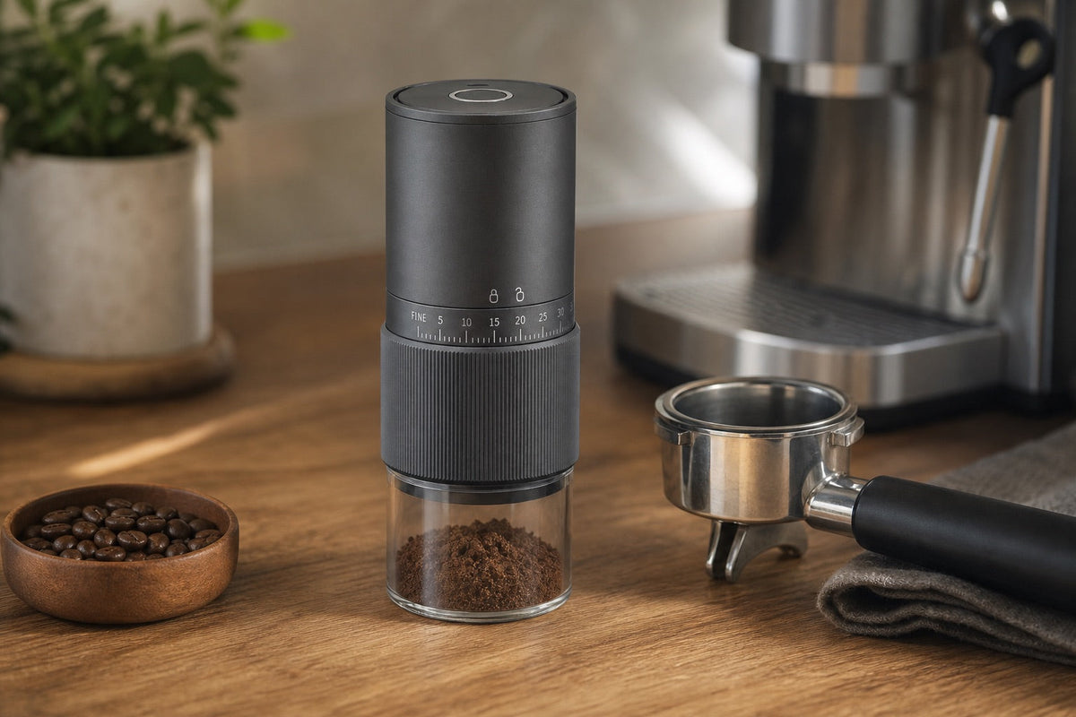 Automatic espresso grinder beside a portafilter and coffee beans on a warm home coffee bar