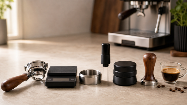 Home espresso workflow tools arranged with portafilter, coffee scale, dosing funnel, WDT tool, distributor, tamper, and espresso cup