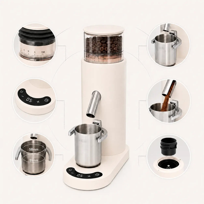 Moulin à café à espresso rechargeable, 60 crans de réglage et porte-filtres 51 et 58 mm - image du produit