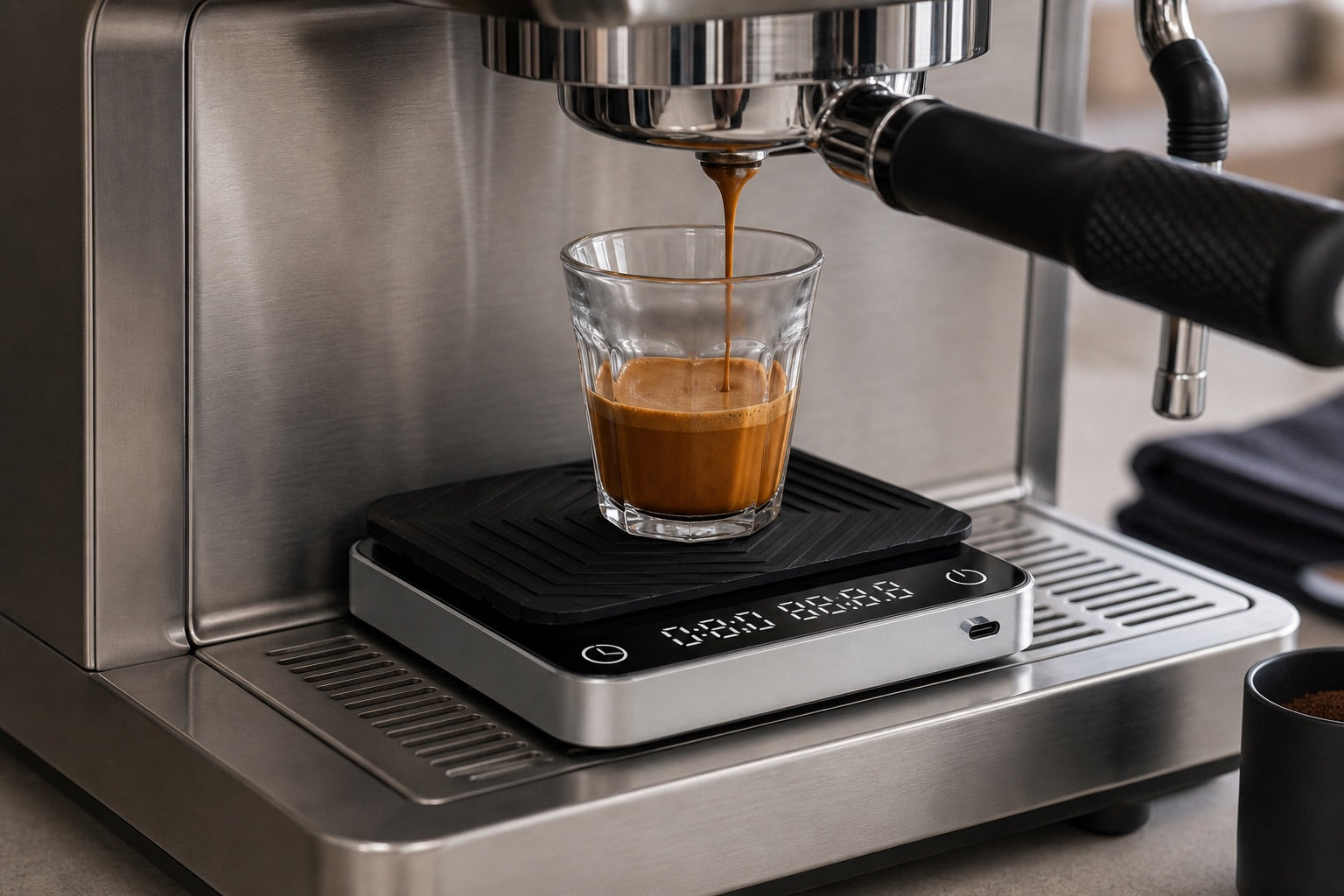 Rendement expresso mesuré dans un verre transparent sur une échelle de café compacte et un tampon en silicone