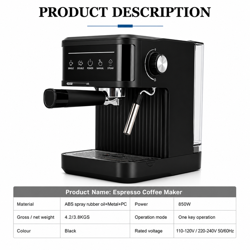 Yozcoffee black espresso coffee maker specifications with 850W power and rated voltage details