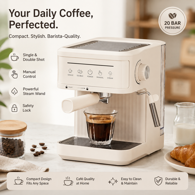 Alternate view of Yozcoffee 20 bar espresso coffee maker in cream making a single shot with steam wand and cup warmer