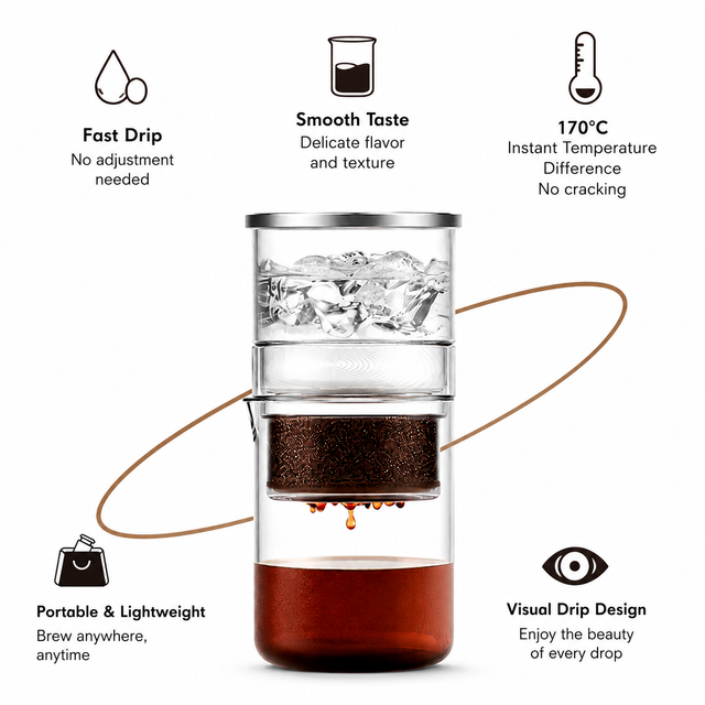 Alternate view of Yozcoffee 300ml cold drip coffee maker feature overview with fast drip smooth taste and portable design