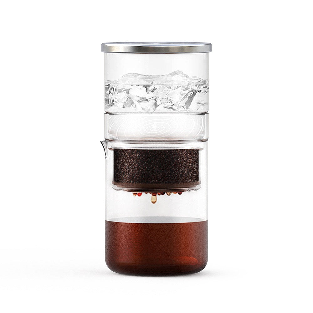 Yozcoffee 300ml ice drip cold brew coffee maker filled with ice water coffee grounds and brewed coffee