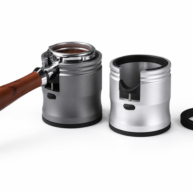Alternate view of Aluminum Espresso Portafilter Tamping Stand - side view