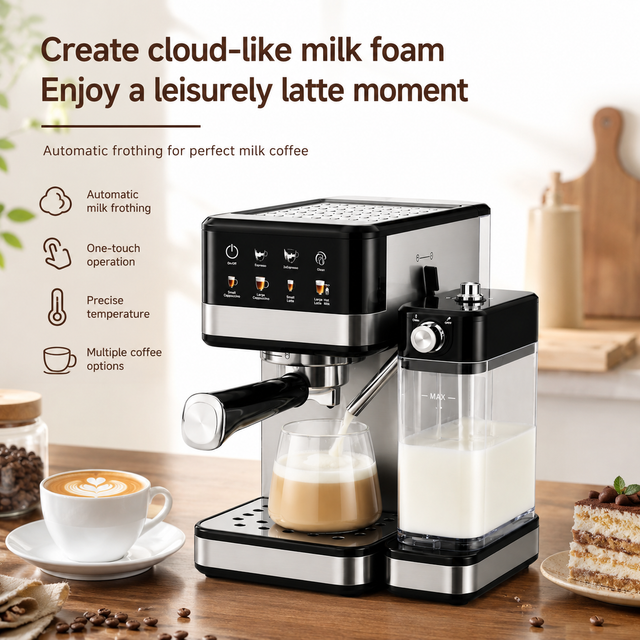 Alternate view of Yozcoffee automatic milk frothing espresso maker on a kitchen counter preparing a latte