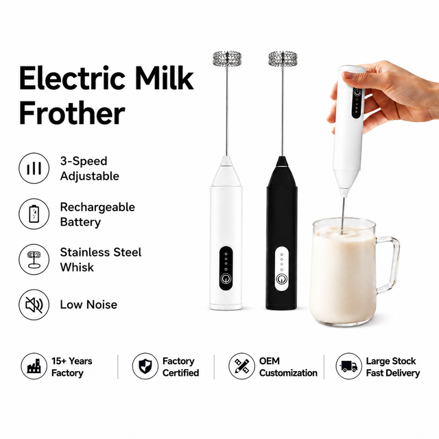 Alternate view of Yozcoffee Electric Milk Frother in white and black showing 3-speed adjustable motor, rechargeable battery, stainless steel whisk, and low-noise operation features