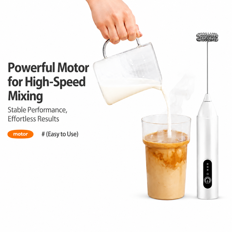 Yozcoffee milk frother beside an iced latte glass, showing powerful high-speed motor for effortless mixing