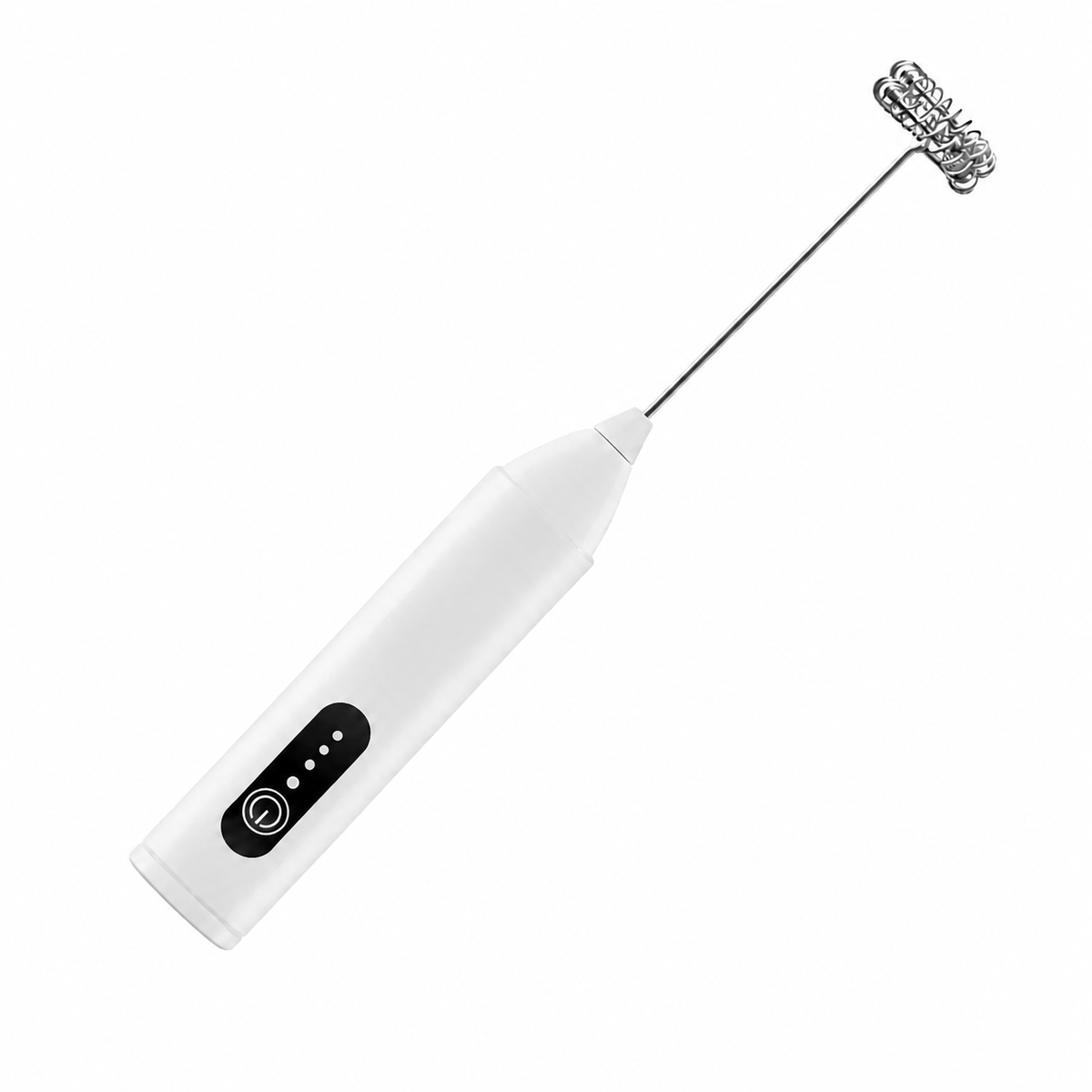 Yozcoffee Electric Milk Frother in white, product-only hero image showing the full wand, button panel, and stainless steel whisk