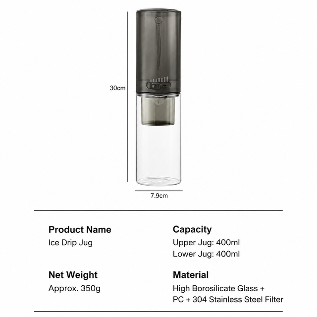 Alternate view of Ice Drip Cold Brew Coffee Jug Adjustable - size and compatibility chart