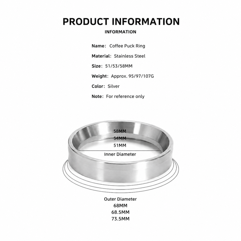 Espresso Dosing Funnel 51/53/58mm Magnetic Stainless Steel: size chart 51mm 53mm 58mm