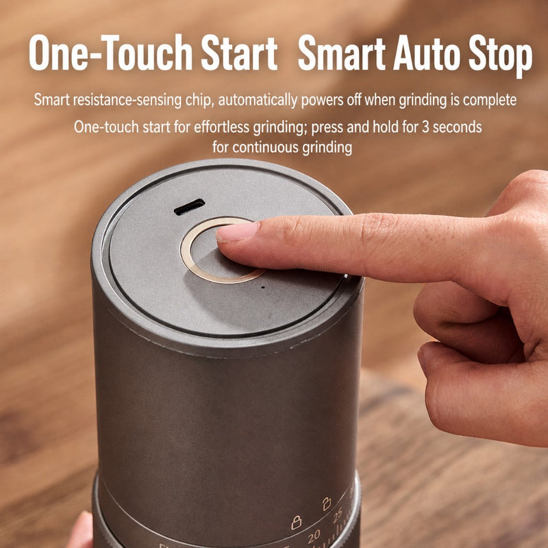 Yozcoffee one touch start smart auto stop grinder top button close up