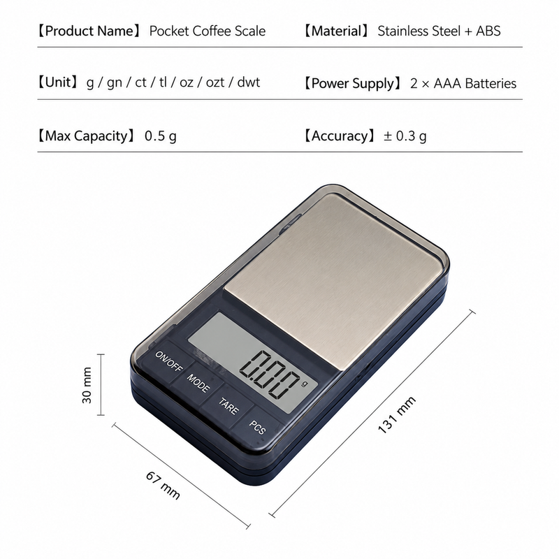 Pocket Coffee Scale 500g 0.01g Backlit LCD - size and compatibility chart