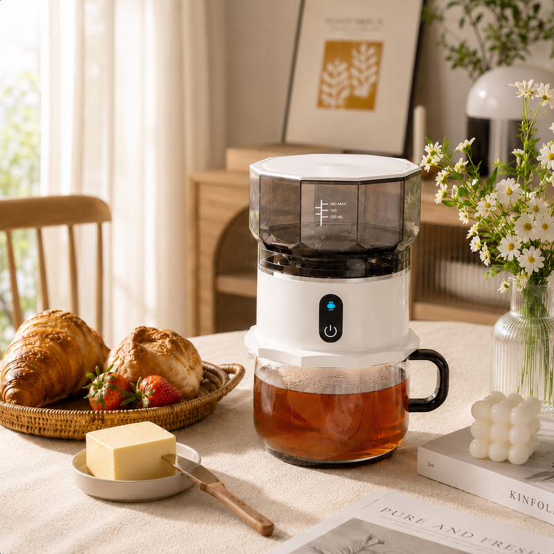Yozcoffee portable automatic coffee maker brewing coffee on a breakfast table at home