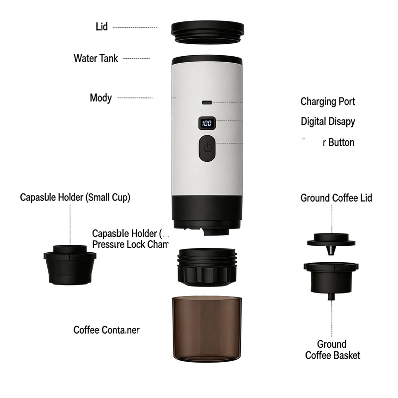 Yozcoffee portable espresso maker exploded parts view with lid water tank charging port capsule holders and ground coffee basket