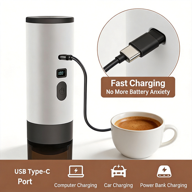 Yozcoffee portable capsule espresso maker with USB Type-C charging port for computer car and power bank charging
