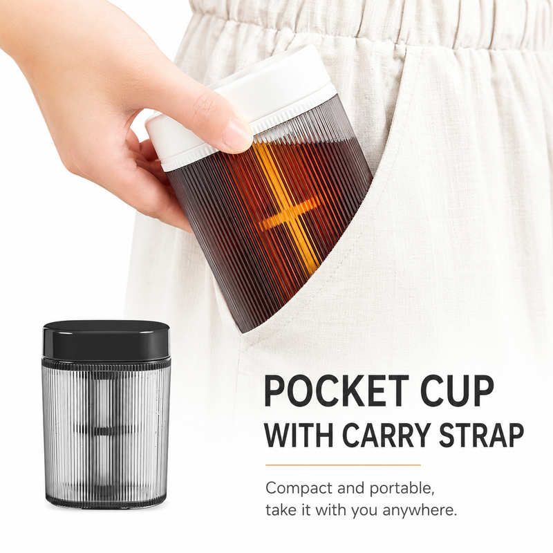 Yozcoffee compact pocket cold brew cup shown fitting into a pocket for travel carry
