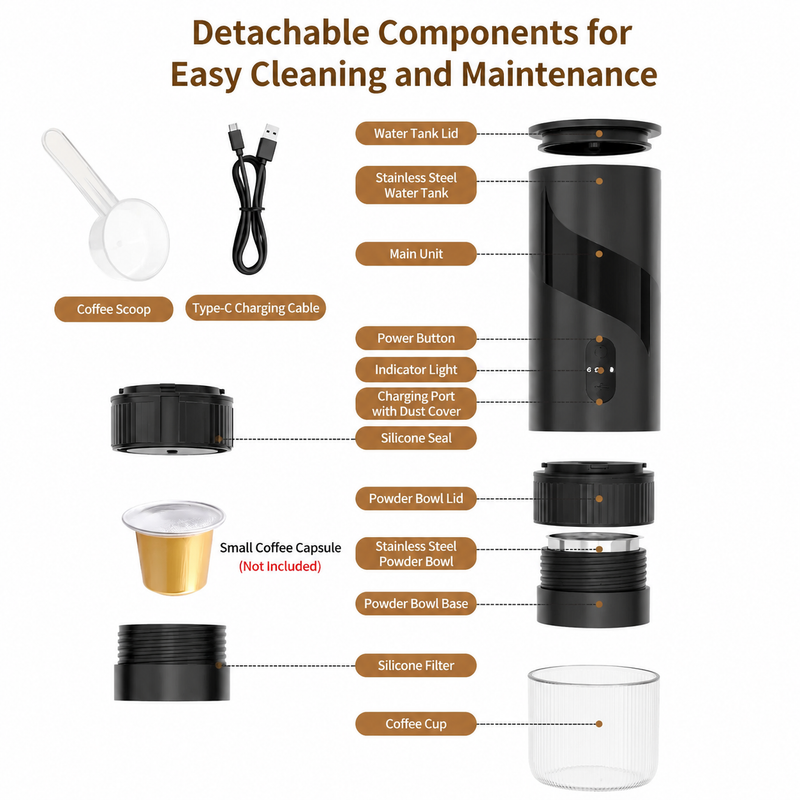 2-in-1 Portable Espresso Maker Ground & Capsule - components view