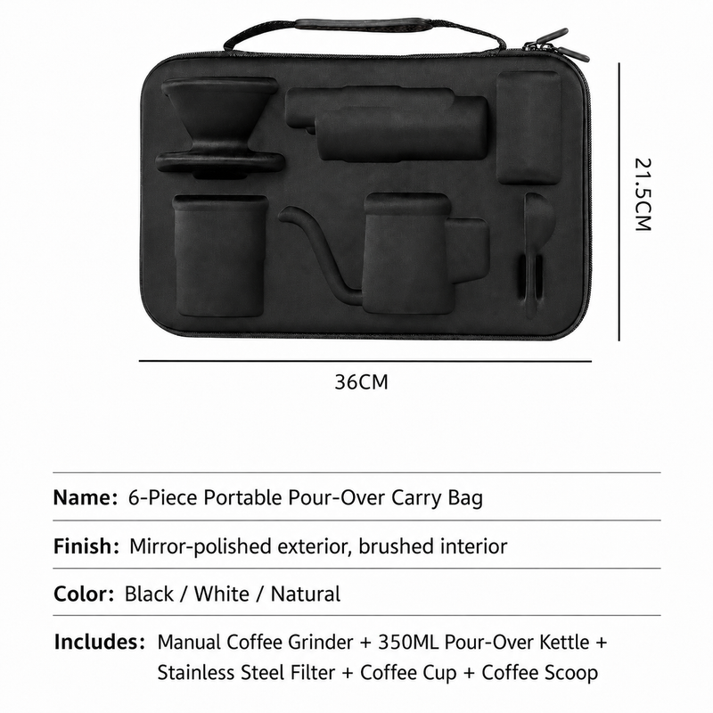 Yozcoffee 6-piece portable pour-over carry bag size 36cm by 21.5cm with included manual grinder kettle filter cup coffee cup and scoop