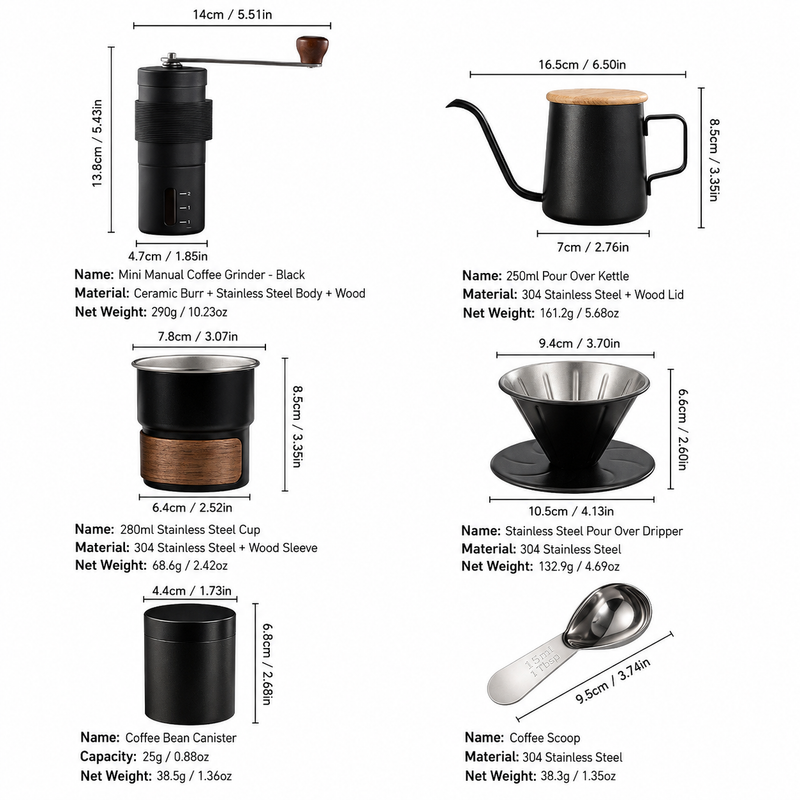 6-Piece Pour Over Coffee Set Manual Grinder - size and compatibility chart