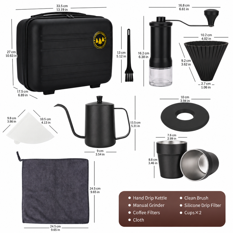 8-Piece Pour Over Coffee Set Burr Grinder - size and compatibility chart