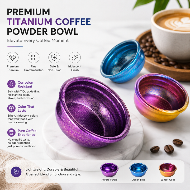 Yozcoffee premium titanium coffee powder bowl with iridescent finish shown with coffee beans