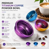 Yozcoffee premium titanium coffee powder bowl with iridescent finish shown with coffee beans