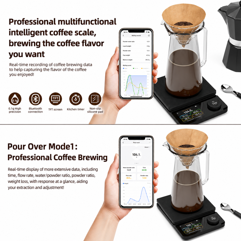 Yozcoffee smart Bluetooth coffee scale tracking pour over brewing data with mobile app