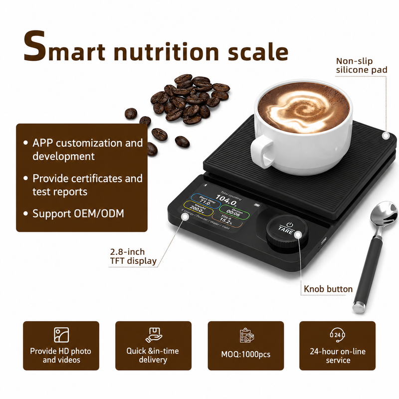 Yozcoffee smart nutrition coffee scale with 2.8 inch TFT display non slip silicone pad and knob button