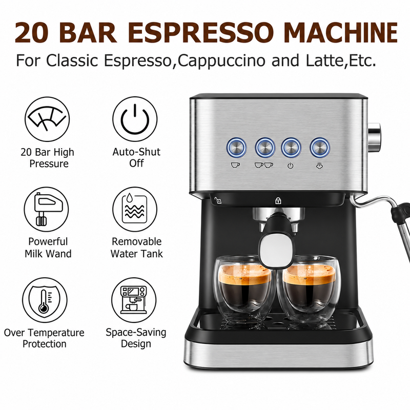 Yozcoffee 20 bar espresso machine with auto shut off milk wand removable water tank and over temperature protection