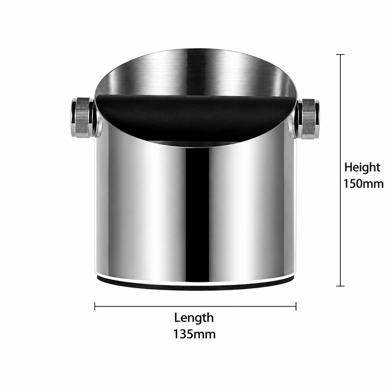 Espresso Knock Box Stainless Steel Silicone Bar Silver/Black: dimensions front 135x150mm