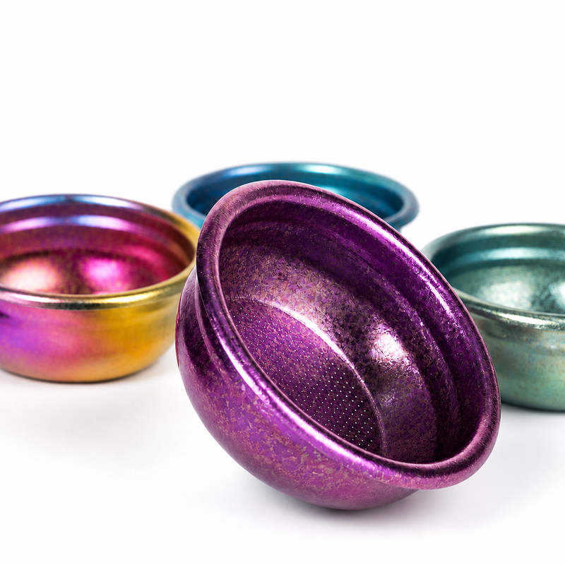Yozcoffee Aurora Purple titanium coffee powder bowl with additional iridescent color options